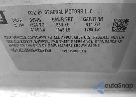 2014 Chevrolet Sonic Lt Auto z USA, uszkodzony, nr VIN 1G1JC5SH9E4235730